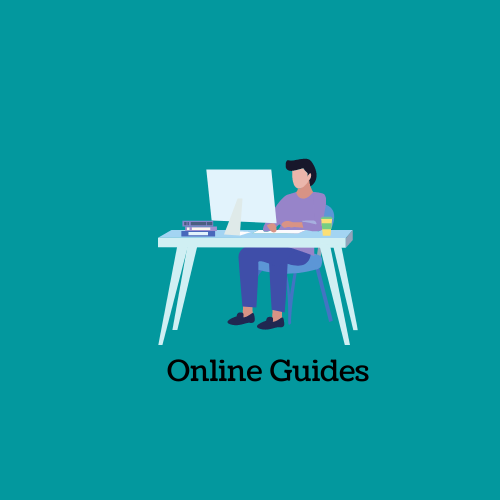 A person sitting at a desk with the words Online Guide 