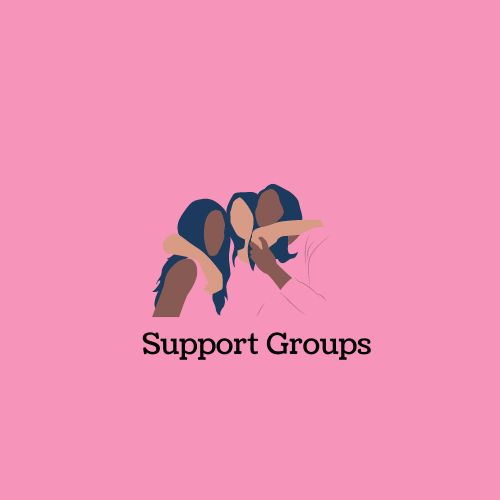 Three women hugging with the words support groups 